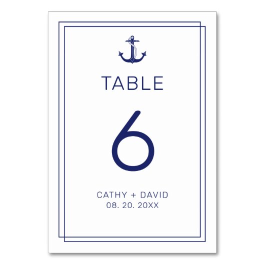 Nautic Anchor Navy Minimalistische Hochzeit Tischnummer (Vorderseite)