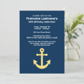 Nautic Anchor Navy Yellow Birthday Party Einladung (Stehend Vorderseite)