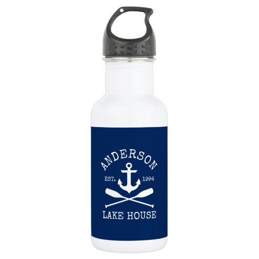Nautic Anchor Oars Family Lake House Navy Blue Edelstahlflasche (Vorderseite)
