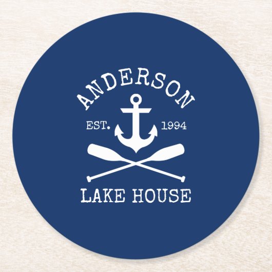 Nautic Anchor Oars Navy Blue Family Lake House Runder Pappuntersetzer (Vorderseite)