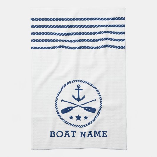 Nautic Anchor Oars Stars Bootsname Blau Weiß Geschirrtuch (Vertikal)
