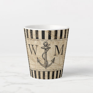 Nautic Anchor Old World Map Black Monogramm Milchtasse