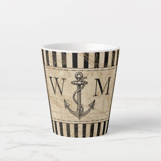 Nautic Anchor Old World Map Black Monogramm Milchtasse (Vorderseite)