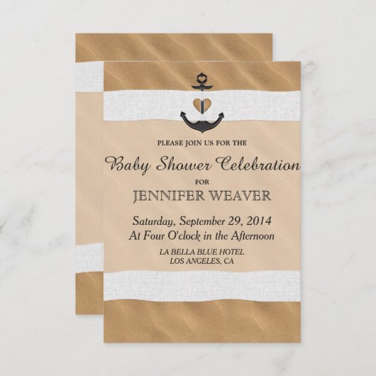 Nautic Anchor On Beach Sand und White Ribbon Einladung (Vorne/Hinten)