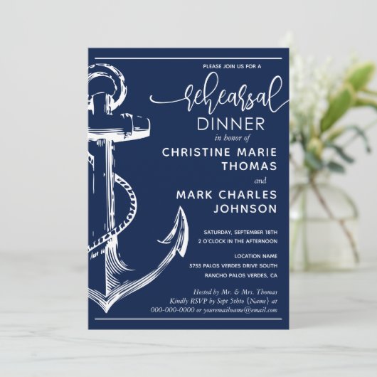 Nautic Anchor Probe Hochzeitessen Navy Einladung (Stehend Vorderseite)
