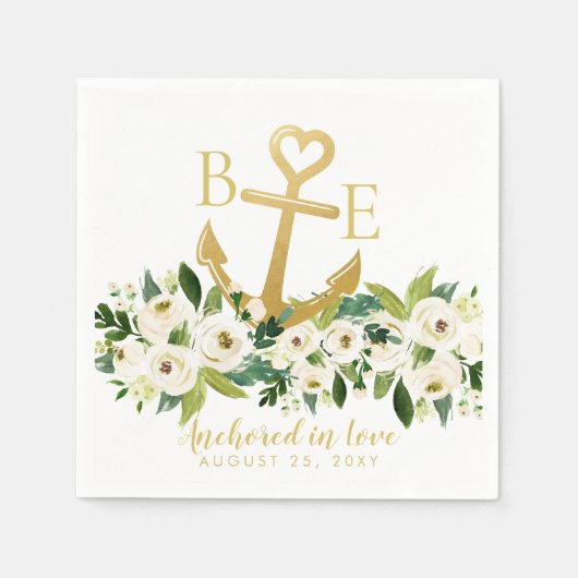 Nautic Anchor Romantic Floral Wedding Serviette (Vorderseite)