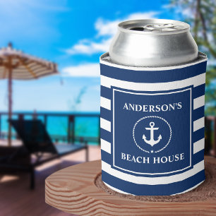Nautic Anchor Rope Navy Blue Striping Beach House Dosenkühler