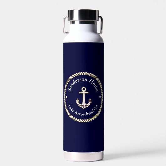 Nautic Anchor Rope Navy Blue White Monogram Name Trinkflasche (Vorne)