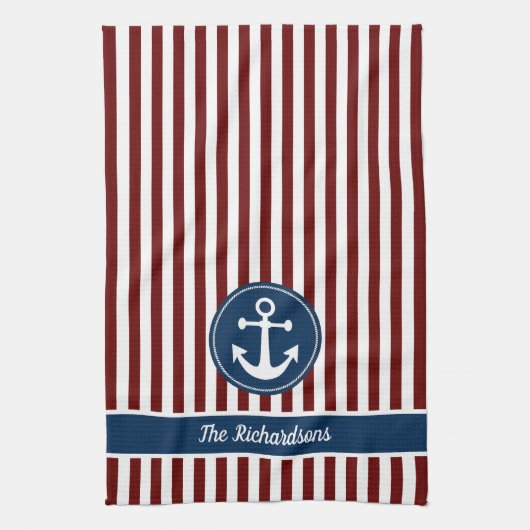Nautic Anchor Rope Navy Red White Stripes Custom Geschirrtuch (Vertikal)