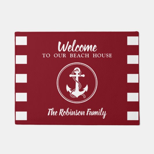 Nautic Anchor Rope Welcome Beach House Name Red Fußmatte (Vorderseite)