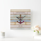 Nautic Anchor Rustic Wood Boat Name Family Quadratische Wanduhr (Zuhause)