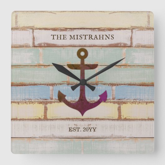 Nautic Anchor Rustic Wood Boat Name Family Quadratische Wanduhr (Vorderseite)