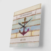 Nautic Anchor Rustic Wood Boat Name Family Quadratische Wanduhr (Winkel)