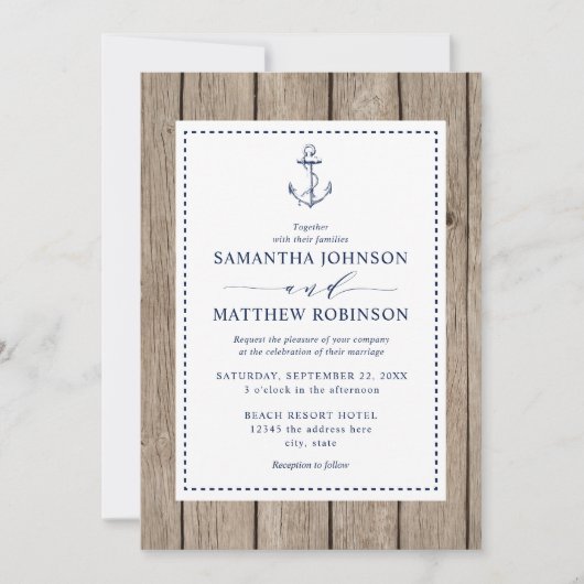 Nautic Anchor Rustic Wood Wedding Einladung (Vorderseite)