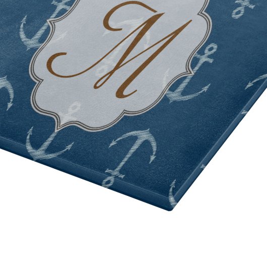 Nautic Anchor Sail Monogram Glas Cutting Board Schneidebrett (Ecke)
