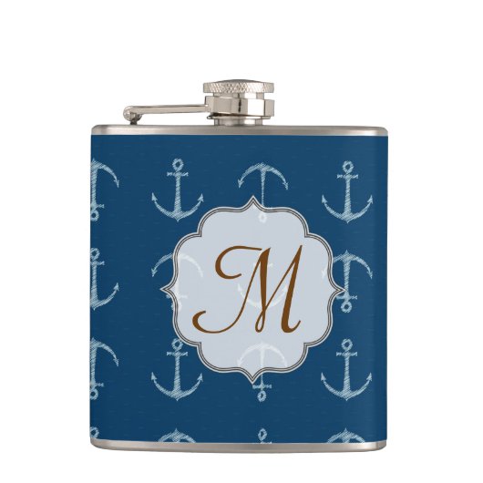 Nautic Anchor Sail Sailin Monogram Whiskey Flask Flachmann (Vorderseite)