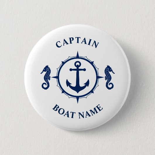 Nautic Anchor Seepferd Captain Boat Name Navy Button (Vorderseite)