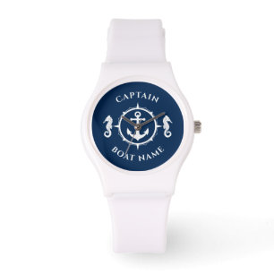 Nautic Anchor Seepferd Captain Boat Name Navy Mari Armbanduhr
