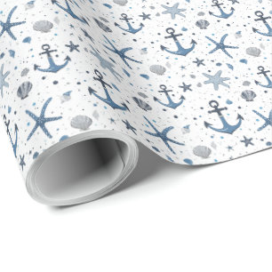 Nautic Anchor Starfish Blue and White Gift Wrap Geschenkpapier