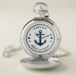 Nautic Anchor Stars Captain Boat Name Blue White Taschenuhr<br><div class="desc">Ein Nautical Anker und Sterne mit Captain Rank oder einem anderen Titel und Ihrem Namen oder Bootnamen auf einer stilistischen Pocket Watch. Diese personalisierte Pocket Watch ist nicht nur zeitaufwendig,  sondern auch ein lustiges Gesprächsstück. Perfekt für den Vatertag,  aber auch ein großes Geschenk für jede Gelegenheit.</div>