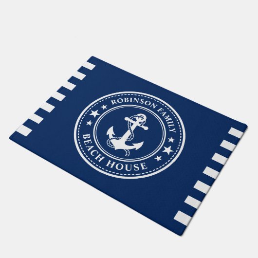 Nautic Anchor Stars Family Name Beach House Navy Fußmatte (Schrägansicht)