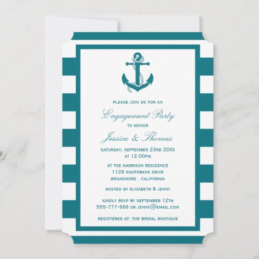 Nautic Anchor Turquoise Stripe Engagement Party Einladung (Vorderseite)