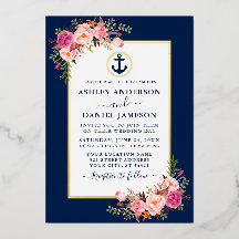 Nautic Anchor Watercolor Pink Floral Blue Gold