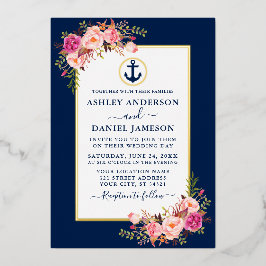 Nautic Anchor Watercolor Pink Floral Blue Gold Folieneinladung