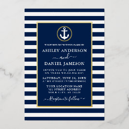 Nautic Anchor Wedding Blue Stripes Gold Folieneinladung