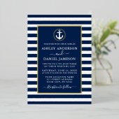 Nautic Anchor Wedding Blue Stripes Gold Folieneinladung (Stehend vorne)