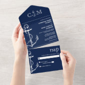 Nautic Anchor Wedding Navy Blue All In One Einladung (Abreißen)