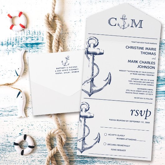 Nautic Anchor Wedding Song Request White All In One Einladung