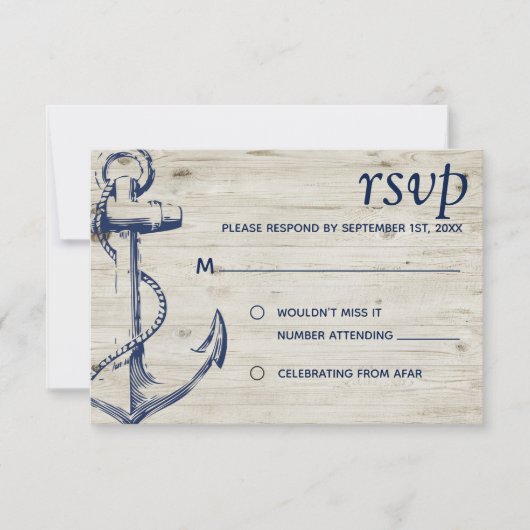 Nautic Anchor Wood RSVP Karte (Vorderseite)