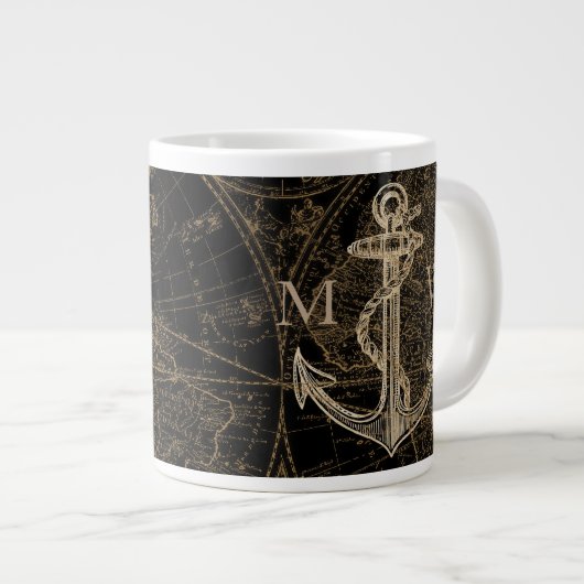 Nautic Anchor World Map Mit Monogramm Black Jumbo-Tasse (Vorderseite Rechts)