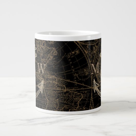 Nautic Anchor World Map Mit Monogramm Black Jumbo-Tasse (Vorderseite)