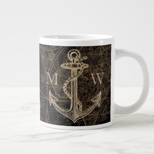 Nautic Anchor World Map Mit Monogramm Black Jumbo-Tasse (Rechts)