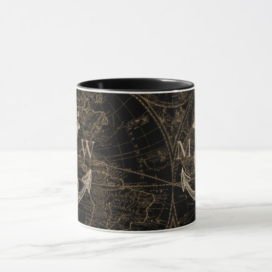 Nautic Anchor World Map Mit Monogramm Black Tasse (Zentrum)