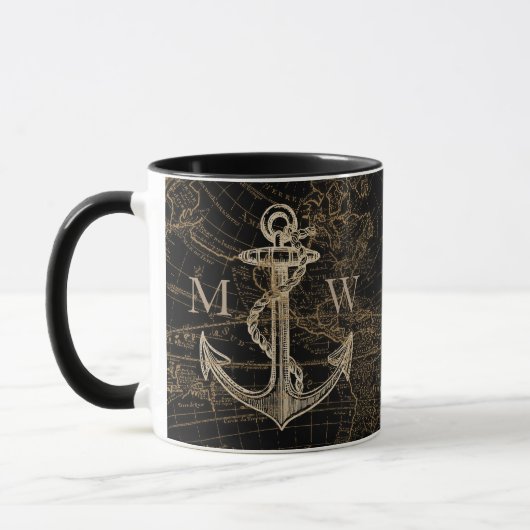 Nautic Anchor World Map Mit Monogramm Black Tasse (Links)