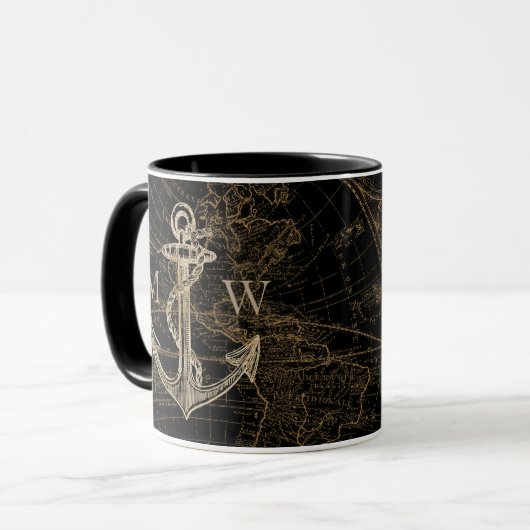 Nautic Anchor World Map Mit Monogramm Black Tasse (Vorderseite Links)