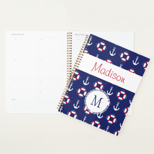 Nautic Anchors Navy Red Trendy Monogram Planer (Anzeige)