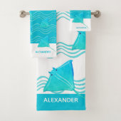 Nautic Aquamarin Blue Manta Ray Wave Badetuch Set (Insitu)