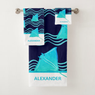 Nautic Aquamarin Blue Navy Manta Ray Wave Badhandtuch Set