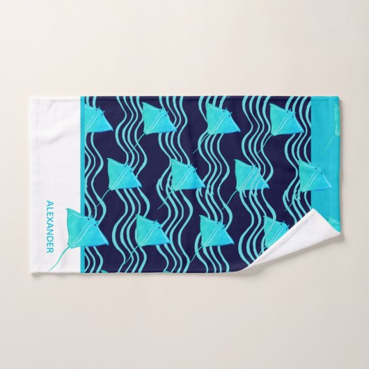 Nautic Aquamarin Blue Navy Manta Ray Wave Badhandtuch Set (Handtuch)