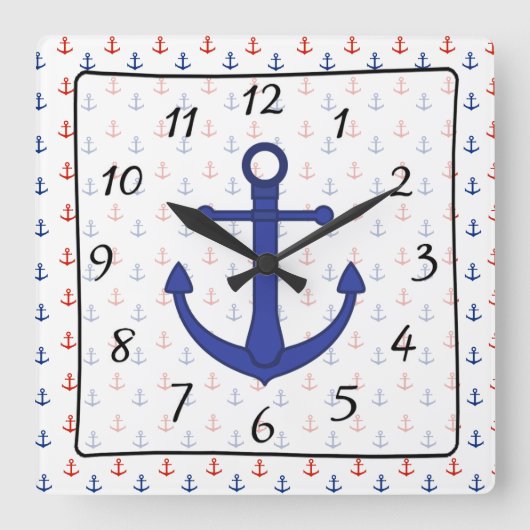 Nautic Beach Blue Anchor Clock Quadratische Wanduhr (Vorderseite)