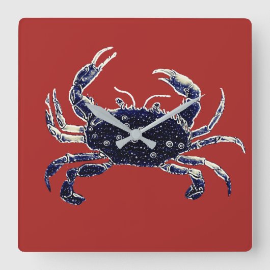 Nautic Beach Crab Marine und Red Wall Clock Quadratische Wanduhr (Vorderseite)