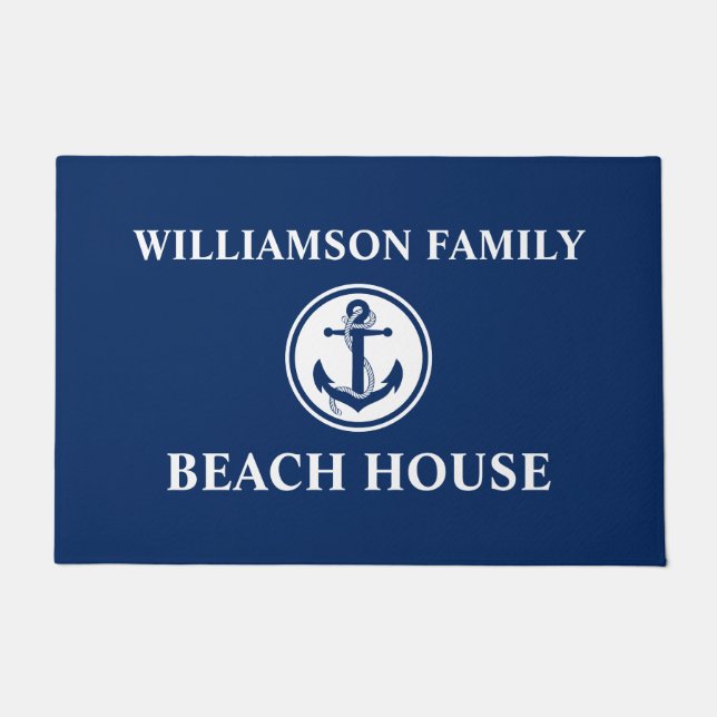 Nautic Beach House Familienname Anchor Rope Blue Fußmatte (Vorderseite)