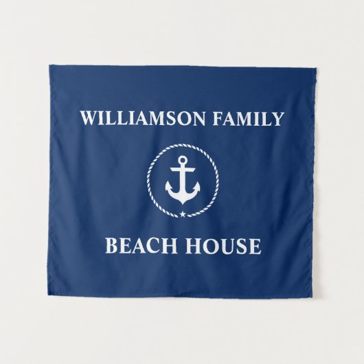 Nautic Beach House Familienname Navy Blue Wandteppich (Vorderseite (Horizontal))