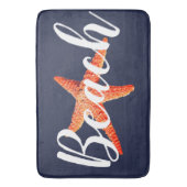 Nautic Beach Script Red Starfish & Navy Badematte (Vorderseite Vertikal)