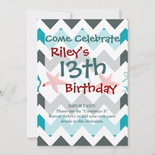 Nautic Beach Thema Zickzack Anchors Starfish Einladung (Vorderseite)