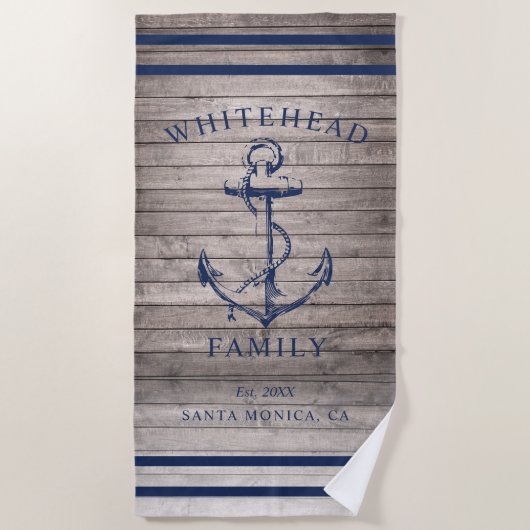 Nautic Beige Wood Custom Family Anchor Strandtuch (Vorderseite)